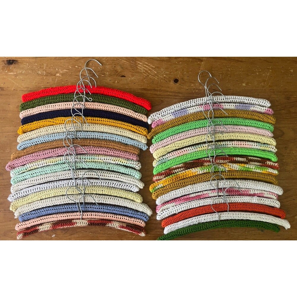 Vintage Crochet Covered Wooden Hangers Lot of 35 Assorted Colors